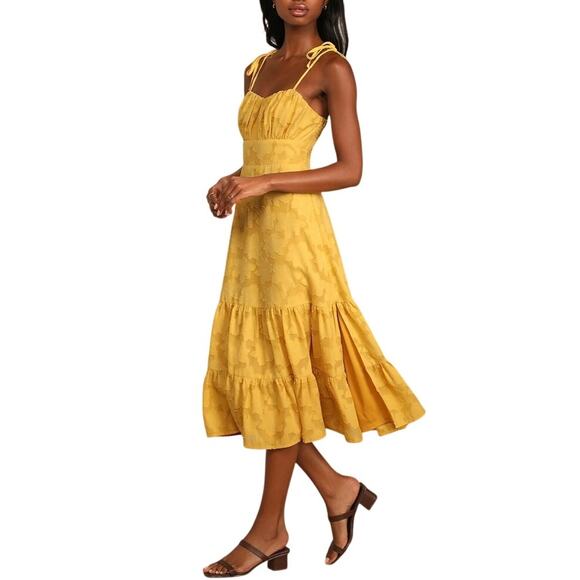 Lulu's Sweet Sentiments Mustard Yellow Jacquard Tiered Midi Dress Large Milkmaid - Picture 1 of 12